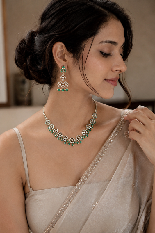 Emerald Bloom American Diamond Necklace Set