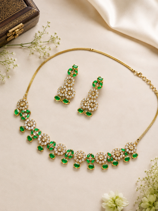 Emerald Bloom American Diamond Necklace Set
