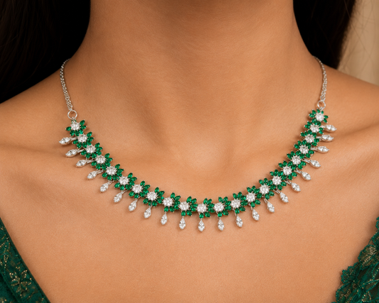 Emerald Dewdrop American Diamond Necklace Set