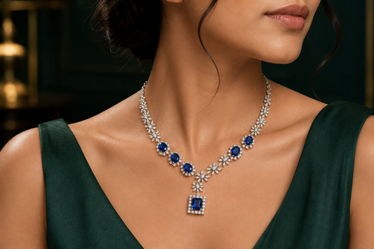 Sapphire Snowflake American Diamond Necklace Set